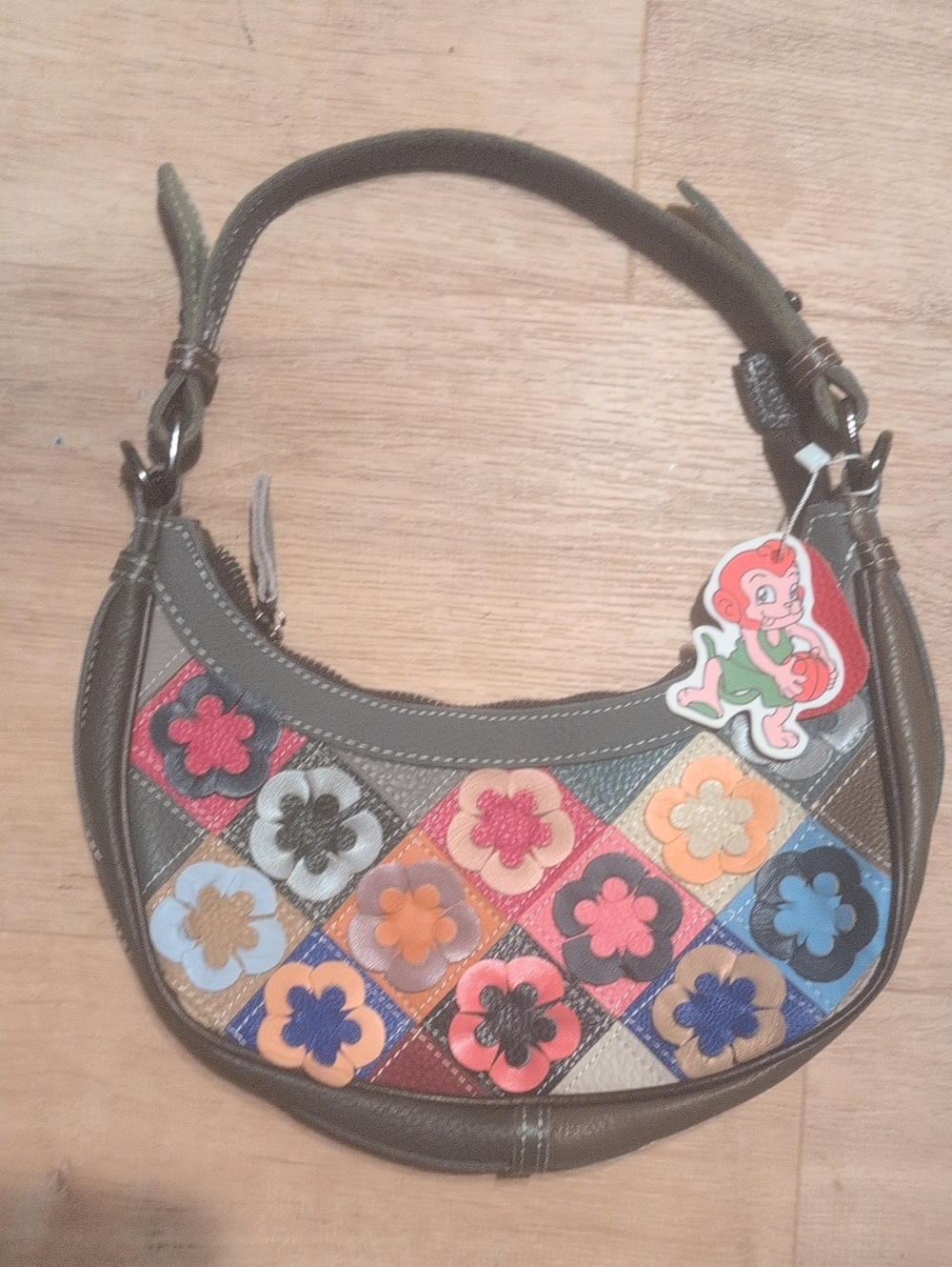 Vera Pelle Colorful Patchwork Flower Shoulder Bag - Olive Green